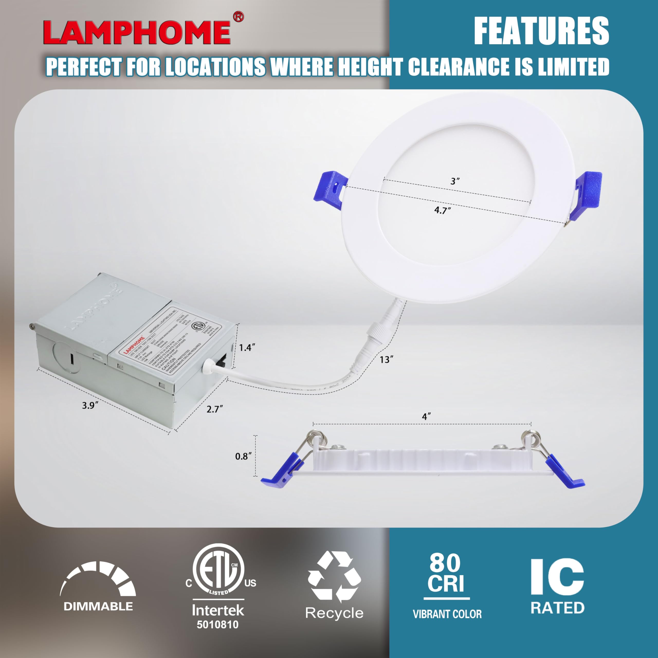 LAMPHOME 1-Pack of 4-Inch Slim LED Recessed Lights with Junction Box, Adjustable Color Temperatures (2700K-5000K), 9W Equivalent to 75W, Dimmable, 950LM Brightness - ETL and Energy Star Certified - Image 3