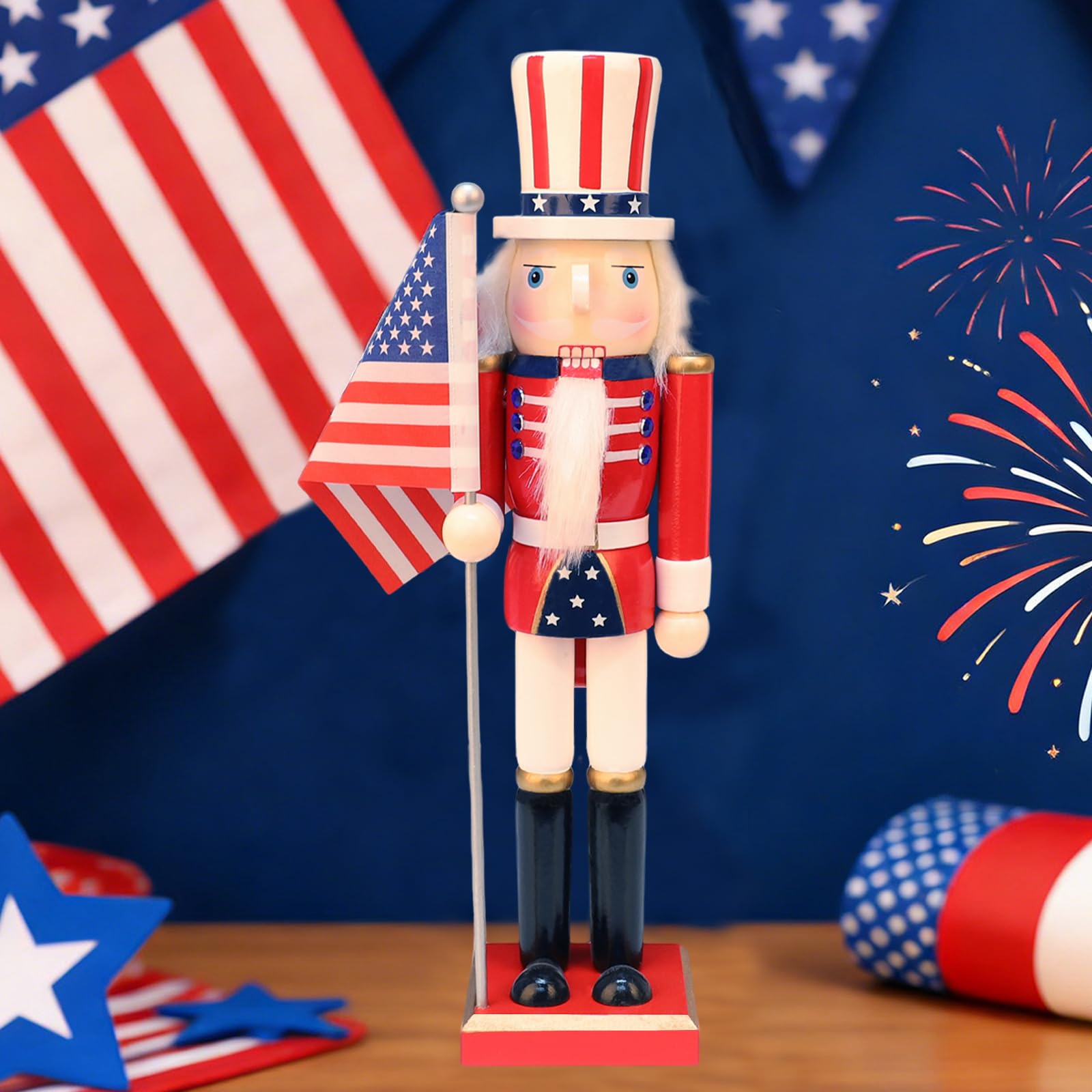 LAMPHOME 15 Inch Wooden American Flag Nutcracker Soldier Figurine with Wooden Base, Patriotic Collectible Statue, Tabletop Ornament for Independence Day, 4th of July & Christmas,Desktop Home Decor